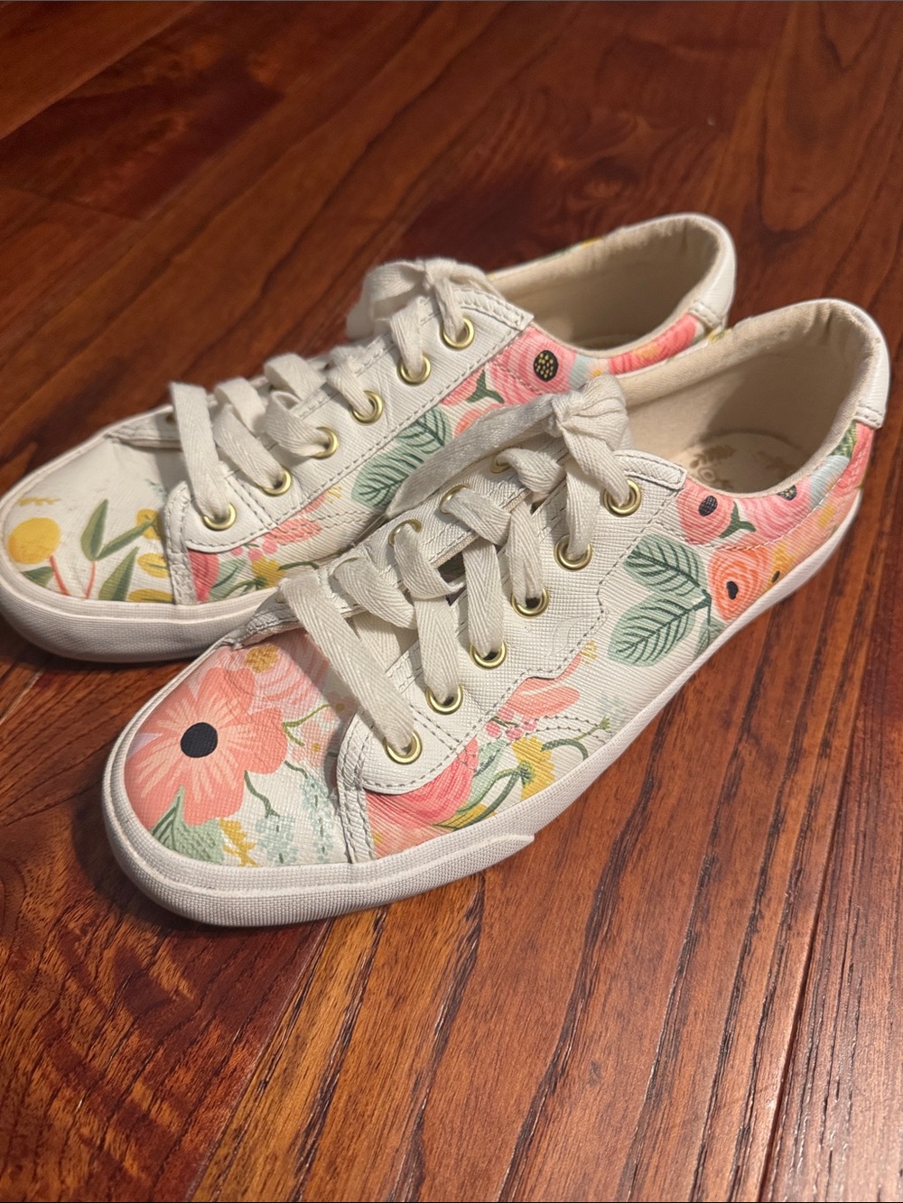 Rifle Paper Co Keds Floral Canvas Lace-Up Sneakers in Cream with Coral Flowers 8